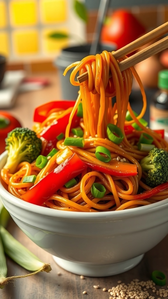 A bowl of colorful stir-fried noodles with vegetables, garnished with green onions and sesame seeds.